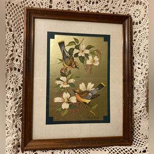 Framed Bird on Dogwood Gold Foil Art Print - William Whiteside - Vintage